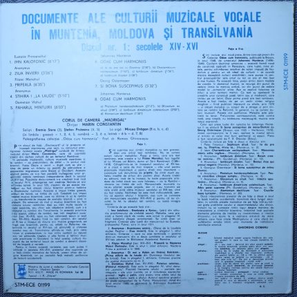 Corul de cameră Madrigal, dirijor Marin Constantin – Documente ale culturii muzicale, discul nr. 1: